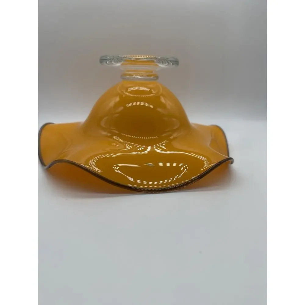 Teleflora MCM Orange Handblown Art Glass Ruffled Footed Compote Pedestal Bowl